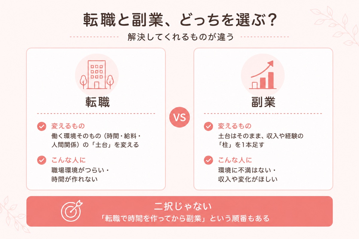 転職と副業のどちらを選ぶかを対比した図解。転職は働く環境そのもの（時間・給料・人間関係）の「土台」を変える手段で、職場環境がつらい・時間が作れない人向け。副業は土台はそのままに収入や経験の「柱」を1本足す手段で、環境に不満はないが収入や変化がほしい人向け。二択ではなく「転職で時間を作ってから副業」という順番もある